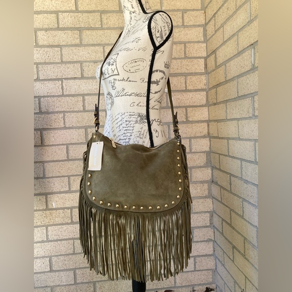 Michael Kors Dakota Olive Green Suede Leather Saddle Bag Long Fringe Gold Studs - Picture 3 of 17
